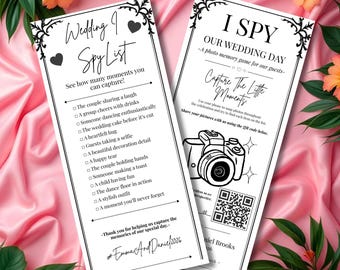 May include: Two white wedding game cards with black text. One card is a "Wedding Spy List" with a list of moments to capture. The other card is "I Spy Our Wedding Day" with a camera graphic and QR code.