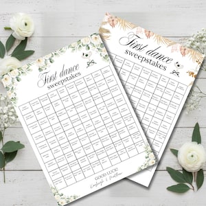 May include: Two "First dance sweepstakes" cards with floral accents and the text "Good Luck! Kayleigh & Matthew". The cards feature a grid of song titles and artist names, perfect for a wedding game.