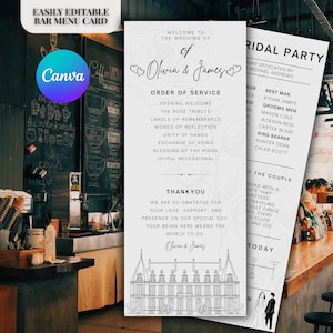 Peut inclure: Deux cartons de menu de mariage avec du texte noir sur fond blanc. La carte de gauche indique « Bienvenue au mariage d'Olivia & James » et énumère l'ordre du service. La carte de droite répertorie le cortège nuptial.