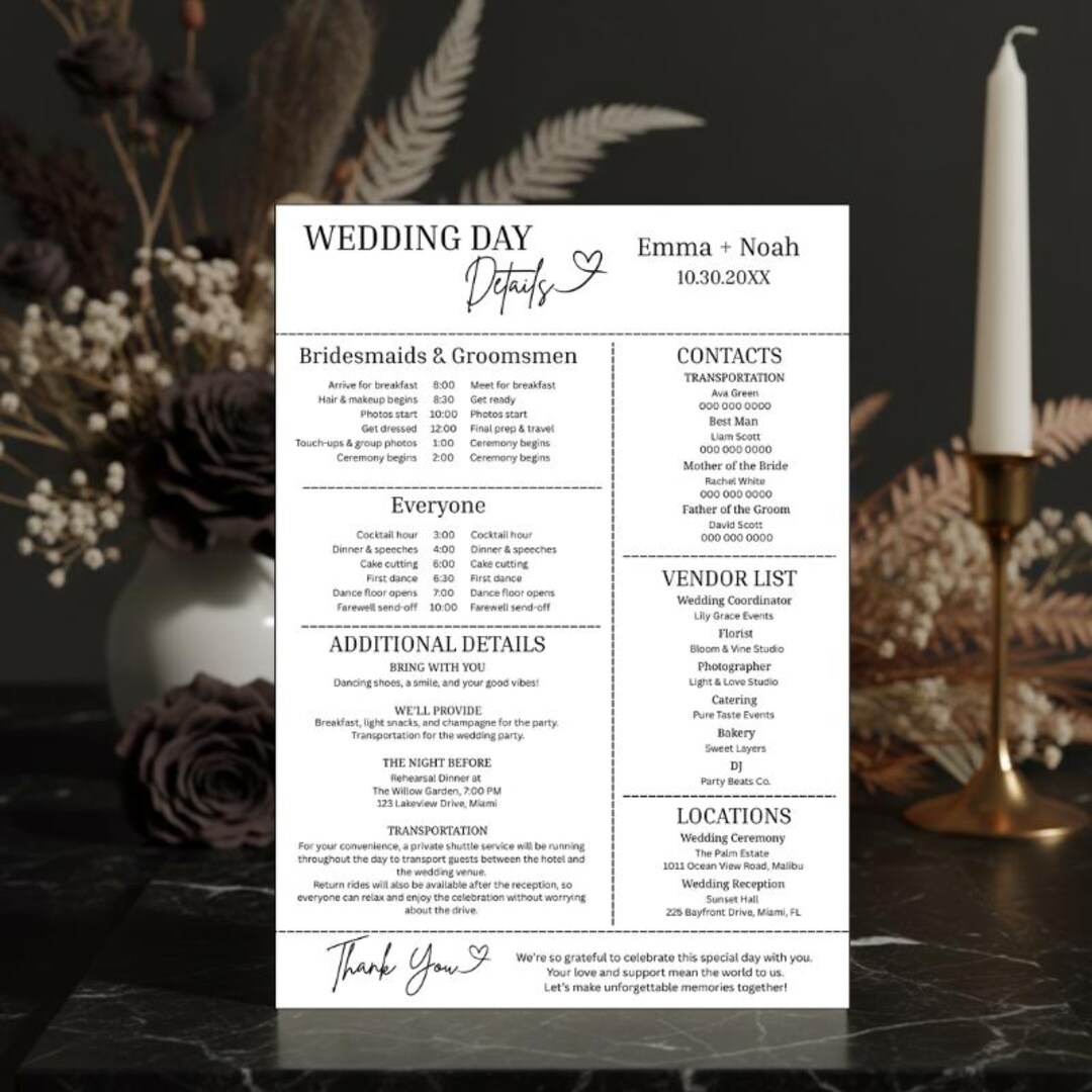 Events Insert Modern Wedding Day Timeline Template, Bridal Party Itinerary Card for ...