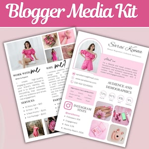 Könnte beinhalten: Ein pinkfarbenes Blogger Media Kit mit dem Text "Blogger Media Kit" oben. Das Kit enthält Fotos, Text und Instagram-Statistiken. Das Kit soll die Dienstleistungen und die Zielgruppendemografie eines Lifestyle-Influencers präsentieren.