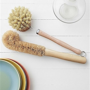 Bamboo Dish Brush Set, Wooden Dish Brush & Bottle Brush, Plastic Free Dish Brush for Pots Pans Bottles, Zero Waste Kitchen Cleaning