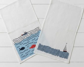 Coastal Sailboat Fish Tea Towels, American Made Cotton Flour Sack Kitchen Dish Towels
