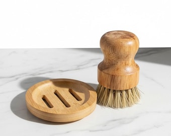 Wooden Dish Brush with Natural Fiber Bristles and Holder
