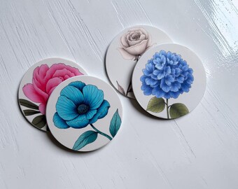 Ceramic Coaster Set, Floral Set of Drink Coasters, 4 Inch Round Coasters with Cork Back, English Garden Inspired