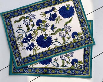 Floral Cotton Placemat Set, Flora Placemats Block Print