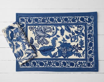 Cotton Placemat & Napkin Set,  Blue Floral Reusable Napkins and Matching Placemats Traditional Block Print