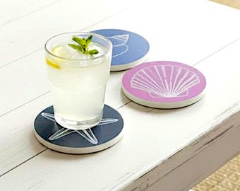 Ceramic Ocean Coasters Set: Sand Dollar, Starfish, Seashell Nautical Decor (Set of 4)