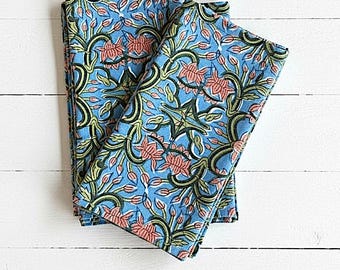 Hand Block Print Cotton Napkins, Blue Floral Set of 4, Eco Friendly Dining Table