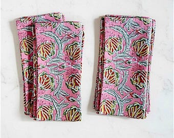 Pink Floral Cotton Napkins, Hand Block Print, Farmhouse Dining Table Set