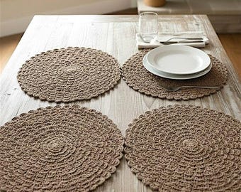 Set of 4 Round Woven Placemats – 15 Inch Natural Viscose Table Decor
