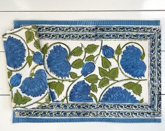 Hand Block Print Placemat & Napkin Set Blue and Green Floral Cotton Placemats and Napkins