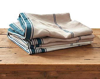 Handmade French Linen Kitchen Towels: Blue & Mauve Striped Tea Towels