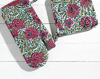 Hand Block Print Oven Mitt Pot Holder Set | Cotton Floral Kitchen Decor