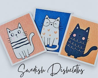 Swedish Dishcloths, Set of 3 Reusable Kitchen Dishcloths Reusable Paper Towel Eco-friendly Cloths, Set of Three Fun Cat Designs