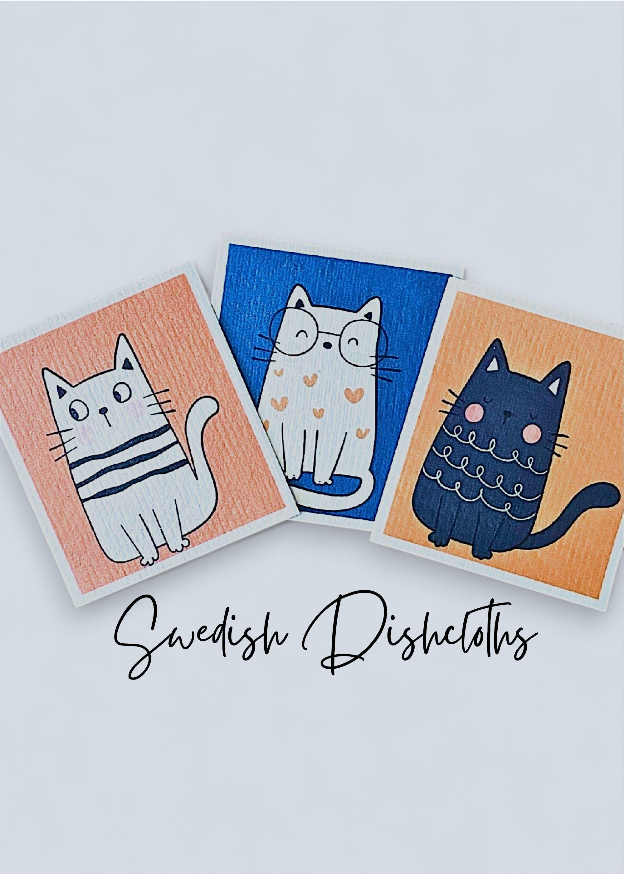 Swedish Dishcloths, Set of 3 Reusable Kitchen Dishcloths Reusable Paper Towel Eco-friendly Cloths, Set of Three Fun Cat Designs
