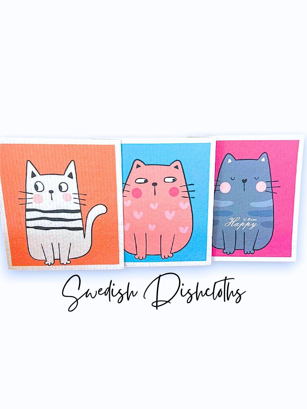 Swedish Dishcloths,Set of 3 Reusable Kitchen Dishcloths Resuable Paper Towel Eco-friendly Cloths, Set of Three Fun Cat Designs