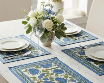 Hand Block Printed Blue Floral Cotton Placemats, Table Mat Set, Farmhouse Decor