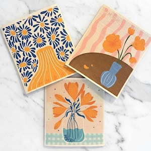 Swedish Dishcloths Reusable Kitchen Dishcloth Paper Towel Alternative Eco friendly Set of Three  Floral Designs