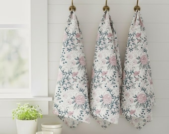Hand Block Print Kitchen Towel | Extra Large Cotton Tea Towel with Hanging Loop | Vintage Rose Cottage Kitchen Towel | French Country Decor