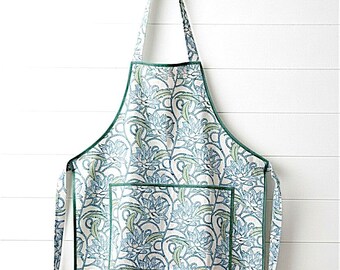Block Print Cotton Apron with Pockets – Artisan Floral Kitchen Cooking Tie Back