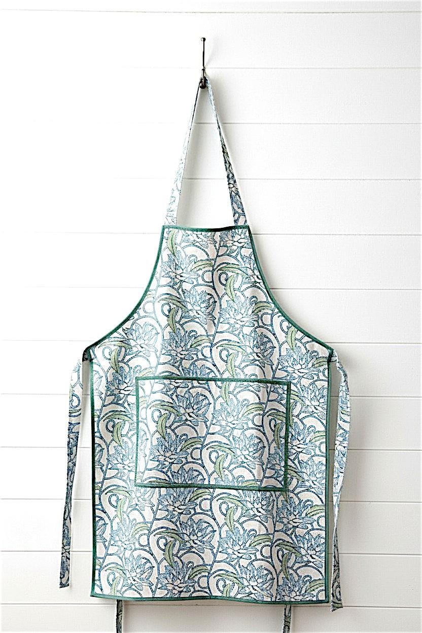 Block Print Cotton Apron with Pockets - Artisan Floral Kitchen Cooking Tie Back