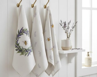 Linen Kitchen Towels | 100% Linen Tea Towels | Set of 2 Wreath with Bee and Lavender Sprigs
