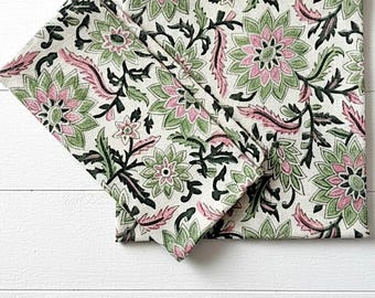 Pink Green Floral Cotton Napkins Set of 4, Hand Block Print Dining Table Decor