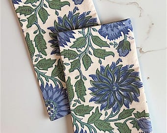 Reusable Cotton Napkins Blue and Green Floral Napkin Set of 4 Eco-Friendly Cloth Napkins for Dining Table, Brunch or Farmhouse Decor 17x17