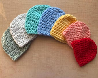 Hand Crocheted Baby Beanie: Pom Pom Hat, Newborn to 12 Months