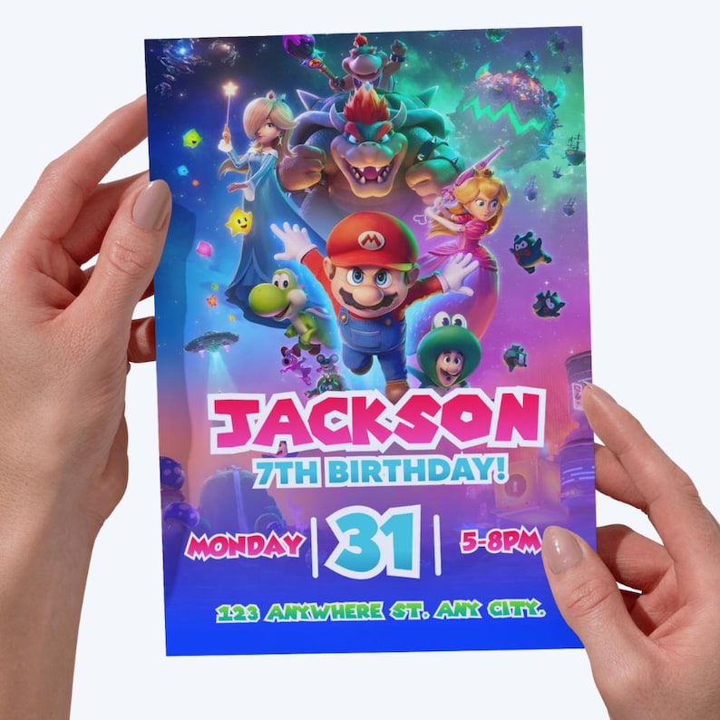 May include: A birthday party invitation featuring Mario and other characters from the Super Mario Bros. movie. The invitation has the name "JACKSON" in pink, with the date and time of the party. The background is a colorful scene from the movie.