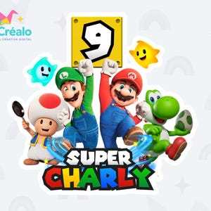 Op de afbeelding: Een kleurrijke Super Mario-thema verjaardagsdecoratie met Mario, Luigi, Yoshi en Toad. Het ontwerp bevat een geel blok met het nummer 9, sterren en de tekst "SUPER CHARLY". Het logo "TriCr&eacute;alo" staat linksboven.