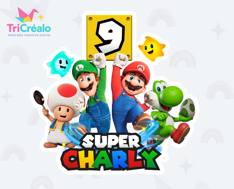 Op de afbeelding: Een kleurrijke Super Mario-thema verjaardagsdecoratie met Mario, Luigi, Yoshi en Toad. Het ontwerp bevat een geel blok met het nummer 9, sterren en de tekst "SUPER CHARLY". Het logo "TriCr&eacute;alo" staat linksboven.