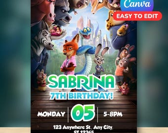 Zootopia Birthday Invitation / Editable Canva Template / Digital File Kids Party Invite / Instant PDF Download Zootopia
