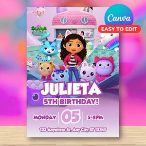 Invitación de cumpleaños casa de muñecas de Gabby / Plantilla editable Canva / Archivo digital Kids Invite / Descarga inmediata PDF Gabby