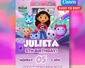 Gabby's Dollhouse Birthday Invitation / Editable Canva Template / Digital File Kids Invite / Instant PDF Download Gabby