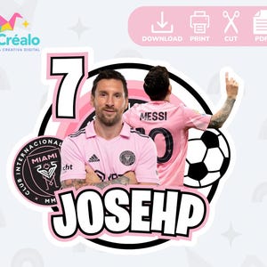 May include: A digital design featuring soccer player Lionel Messi in a pink Inter Miami CF jersey. The design includes the number 7, a soccer ball, and the name "JOSEHP". The image also includes the text "DOWNLOAD PRINT CUT PDF".