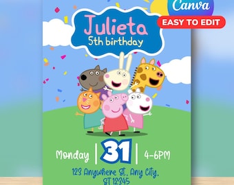 Peppa Pig Birthday Invitation / Editable Canva Peppa Pig Template / Digital File Kids Party Invite / Instant PDF Download