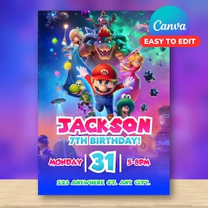 May include: A vibrant birthday invitation featuring the Super Mario Bros. characters. The design includes the text "JACKSON 7TH BIRTHDAY!" along with the date and time. The Canva logo and "EASY TO EDIT" text are also visible.