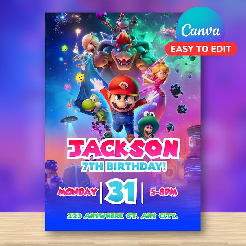 May include: A vibrant birthday invitation featuring the Super Mario Bros. characters. The design includes the text "JACKSON 7TH BIRTHDAY!" along with the date and time. The Canva logo and "EASY TO EDIT" text are also visible.