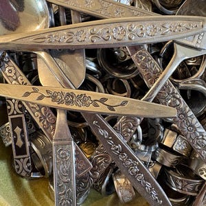 Può includere: Una collezione di portatovaglioli in metallo color argento con vari motivi floreali e a volute in rilievo. L'assortimento comprende diversi anelli circolari con intricati dettagli decorativi, sovrapposti in un mucchio denso e compatto.