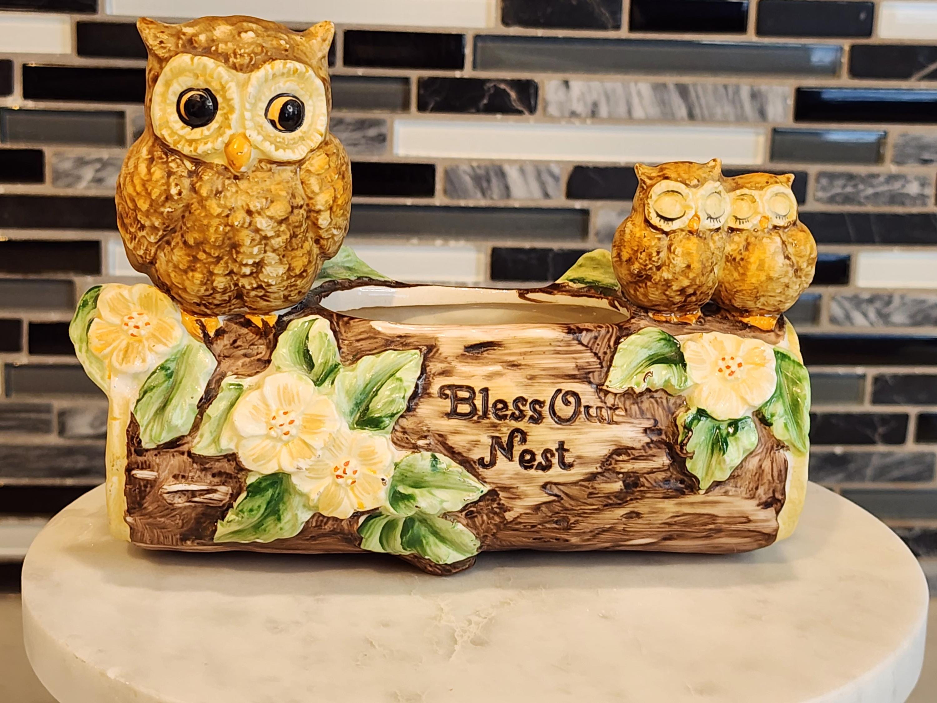 Vintage Owl Planter or Vase &ldquo;Bless Our Nest&rdquo; | Cottage Decor | Whimsical Home Accent