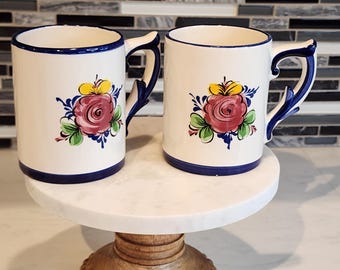 Vintage Vestal Alcobaça Portugal Hand-Painted Mugs – Floral Coffee Cups, Set of 2