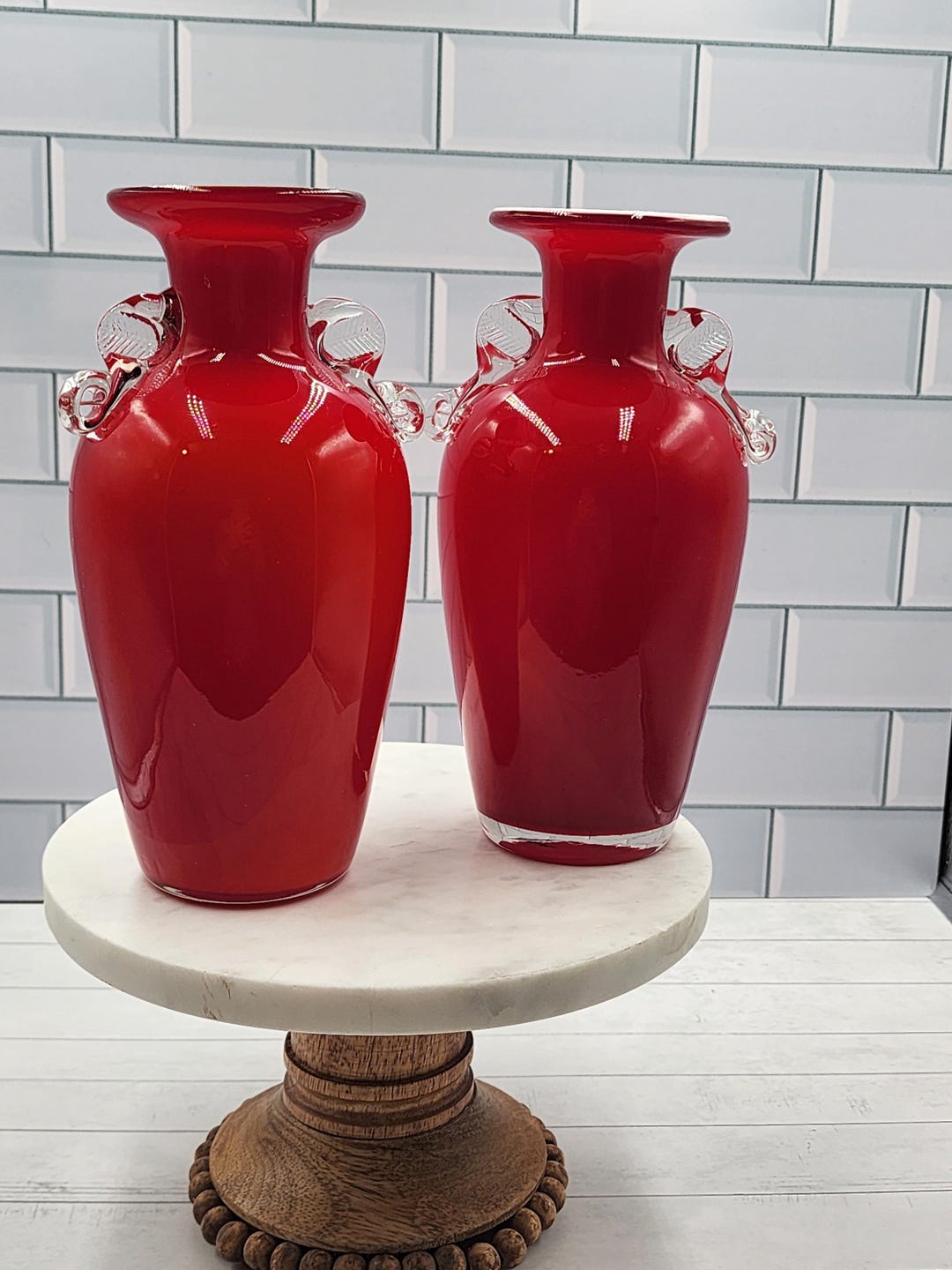 Vintage Ruby Red Art Glass Vases | Mid-century Cased Glass With Applied ...
