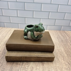 May include: A ceramic frog-shaped planter in shades of green and beige, resting on two stacked, aged brown books. The frog has a detailed, textured design and a small opening for plants. The background features a light blue tiled wall and a wooden surface.