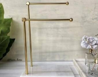 White Marble Towel Stand with Gold Metal Frame, Bathroom Hand Towel Holder, Countertop Towel Rack, Luxury Bathroom Decor