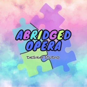 May include: A logo featuring four interlocking puzzle pieces in shades of blue, green, and purple, set against a watercolor background of pink, blue, and white. The text "ABRIDGED OPERA" is in bold, outlined letters, with "DESIGN STUDIO" below.