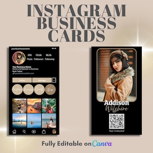 May include: An advertisement for Instagram business cards. The design features a mock-up of an Instagram profile and a business card with a photo of a woman. The text includes "Instagram Business Cards" and "Fully Editable on Canva."