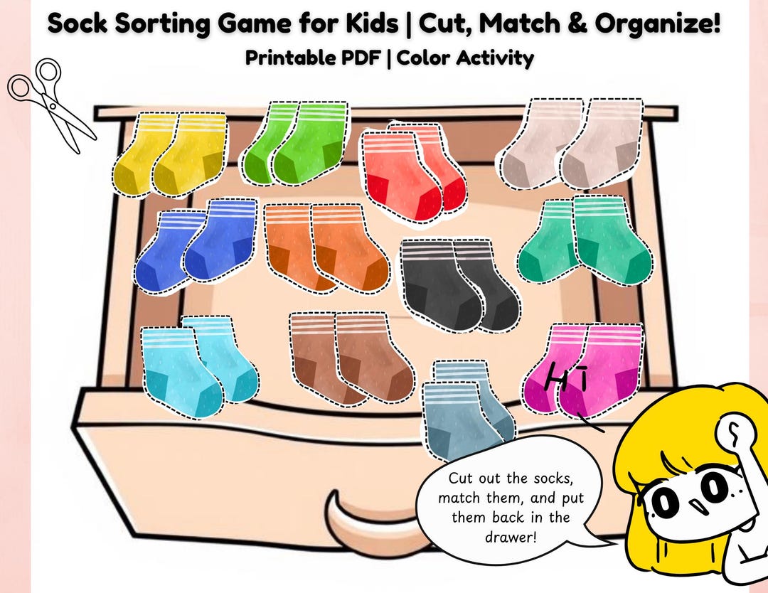 Cartoon Sorting Socks Sock Matching Game: Color Sorting Activity for Toddlers (PDF Download ...