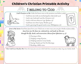 May include: A children's Christian printable activity sheet with the text "I BELONG TO GOD". The sheet includes illustrations of a dove, a bible, a girl, and a sheep. It features prompts about God's promises and how God's love reaches us.